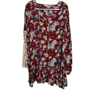 Kori America Women's Crepe Lace Insert Long Sleeve Ruffle He  Tunic Top Sz L